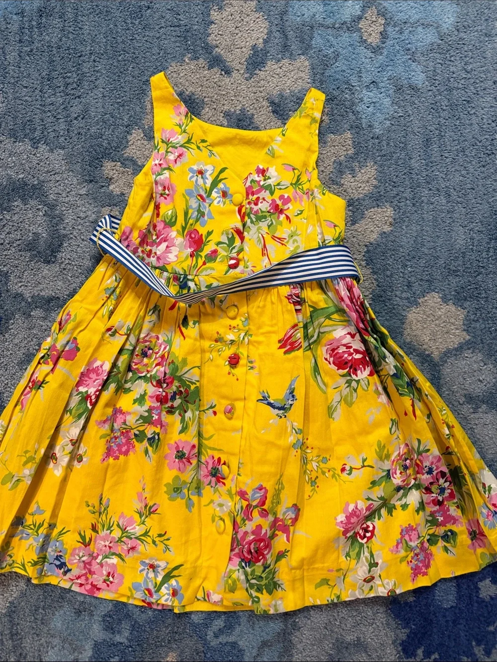 Polo by Ralph Lauren Yellow Floral Dress with Navy Striped Sash